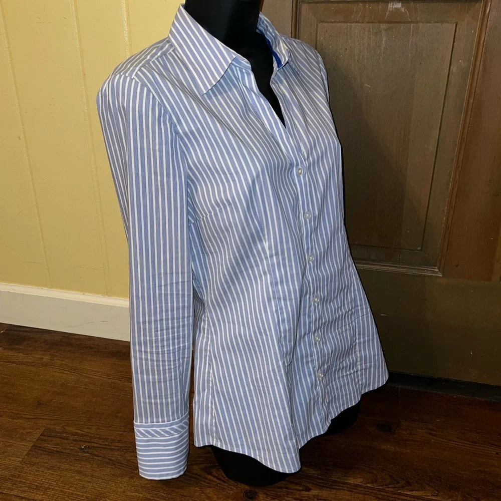 Express Blue & White Striped Button Up Stretch Long Sleeve Shirt Size M - Picture 4 of 10